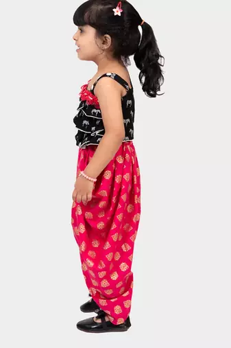 rayon sleeveless zebra printed top with dhoti - black & coral