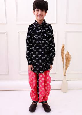 rayon fullsleeves zebra printed kurta with dhoti - black & coral 1