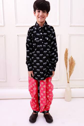 rayon fullsleeves zebra printed kurta with dhoti - black & coral