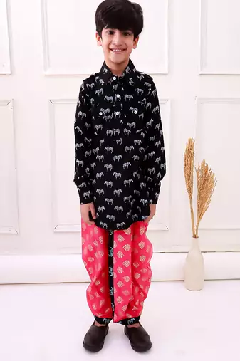 rayon fullsleeves zebra printed kurta with dhoti - black & coral