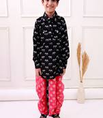 rayon fullsleeves zebra printed kurta with dhoti - black & coral