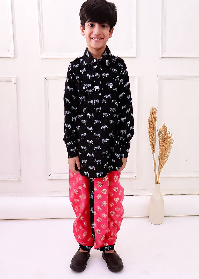 rayon fullsleeves zebra printed kurta with dhoti - black & coral