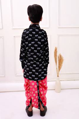 rayon fullsleeves zebra printed kurta with dhoti - black & coral 2
