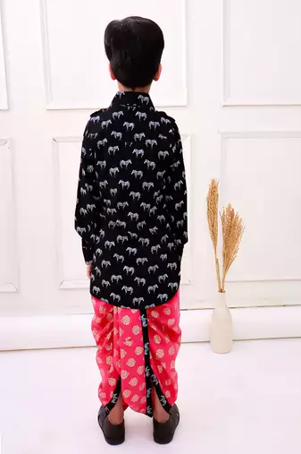 rayon fullsleeves zebra printed kurta with dhoti - black & coral