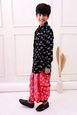 rayon fullsleeves zebra printed kurta with dhoti - black & coral 3