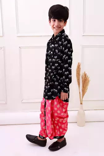 rayon fullsleeves zebra printed kurta with dhoti - black & coral