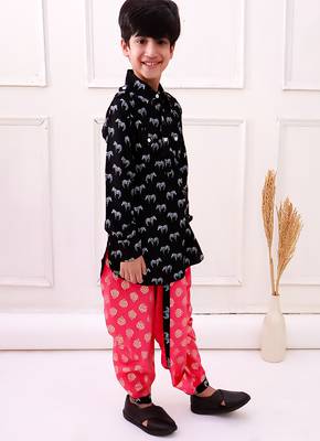 rayon fullsleeves zebra printed kurta with dhoti - black & coral 4