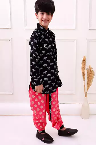 rayon fullsleeves zebra printed kurta with dhoti - black & coral