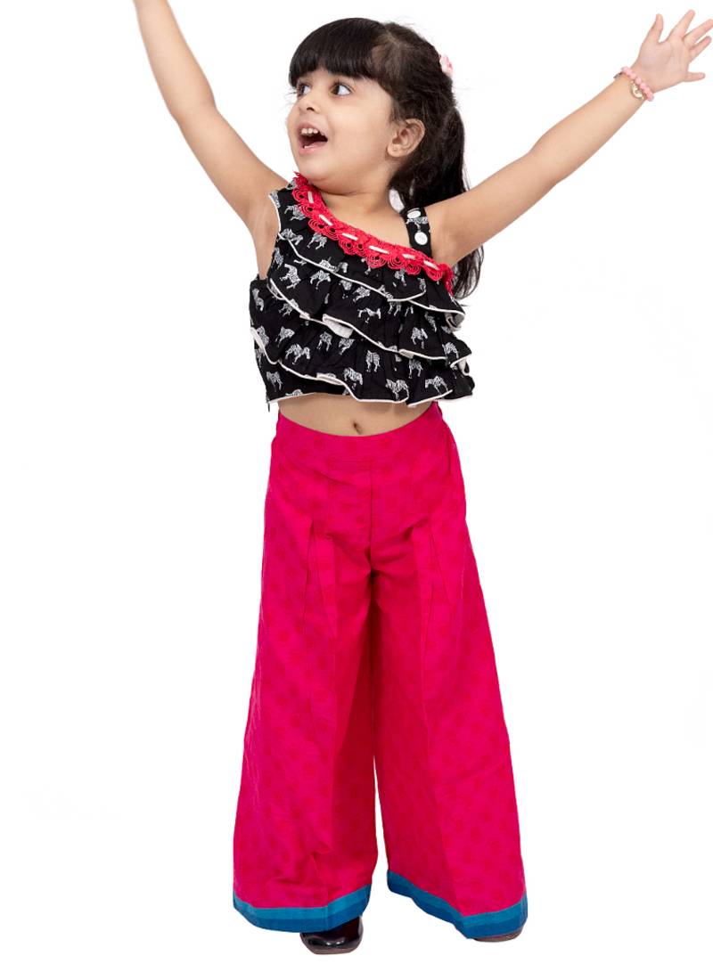 rayon sleeveless zebra printed top with palazzo - black & coral