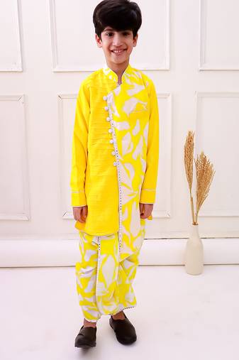 cotton fullsleeves emblished kurta with dhoti - yellow & white