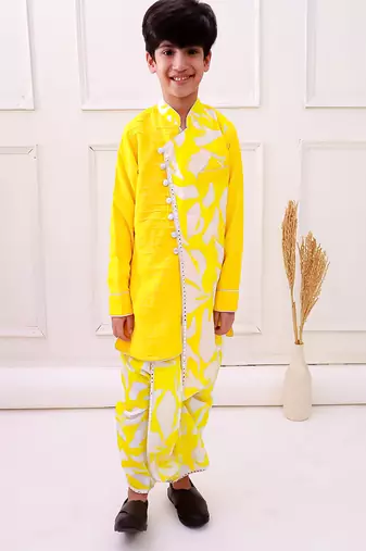 cotton fullsleeves emblished kurta with dhoti - yellow & white