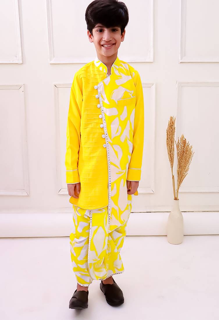 cotton fullsleeves emblished kurta with dhoti - yellow & white