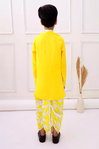 cotton fullsleeves emblished kurta with dhoti - yellow & white