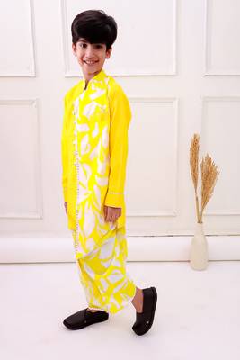cotton fullsleeves emblished kurta with dhoti - yellow & white 3
