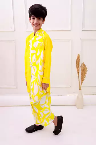 cotton fullsleeves emblished kurta with dhoti - yellow & white