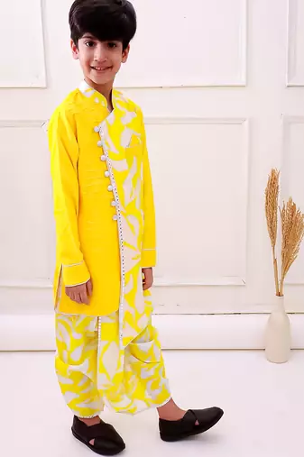 cotton fullsleeves emblished kurta with dhoti - yellow & white