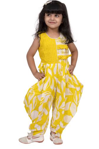 cotton sleeveless embellished jumpsuit - yellow & white