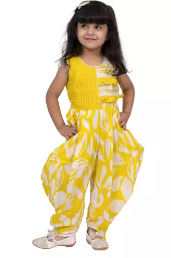 cotton sleeveless embellished jumpsuit - yellow & white