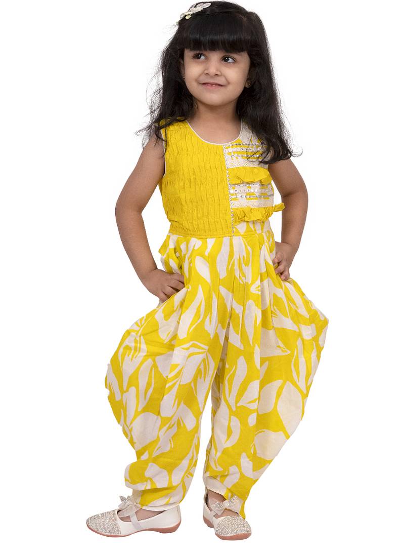 cotton sleeveless embellished jumpsuit - yellow & white