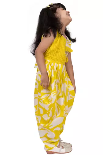 cotton sleeveless embellished jumpsuit - yellow & white