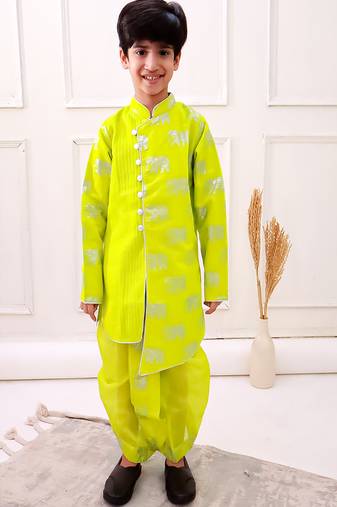 chanderi fullsleeves elephant printed kurta with dhoti - limegreen