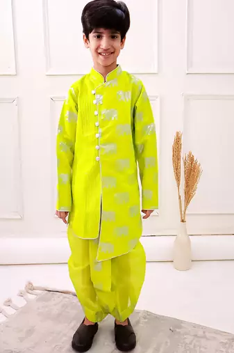 chanderi fullsleeves elephant printed kurta with dhoti - limegreen