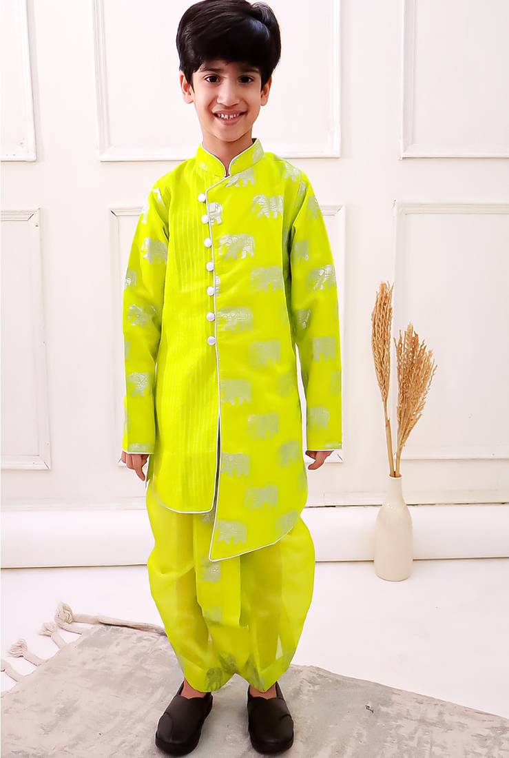 chanderi fullsleeves elephant printed kurta with dhoti - limegreen