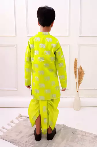 chanderi fullsleeves elephant printed kurta with dhoti - limegreen