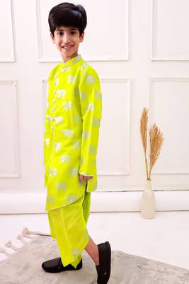 chanderi fullsleeves elephant printed kurta with dhoti - limegreen 3