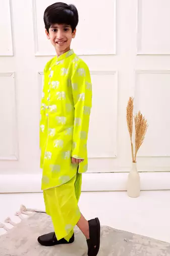 chanderi fullsleeves elephant printed kurta with dhoti - limegreen