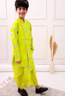chanderi fullsleeves elephant printed kurta with dhoti - limegreen 4