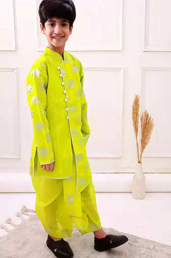 chanderi fullsleeves elephant printed kurta with dhoti - limegreen