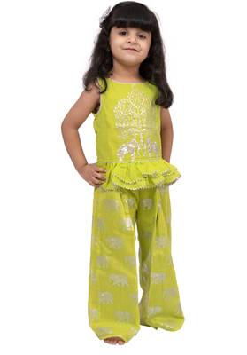 chanderi sleeveless elephant printed top with palazzo - limegreen 1