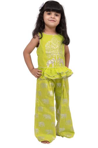chanderi sleeveless elephant printed top with palazzo - limegreen