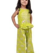 chanderi sleeveless elephant printed top with palazzo - limegreen