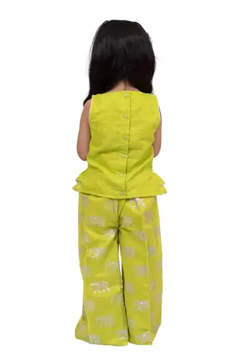 chanderi sleeveless elephant printed top with palazzo - limegreen