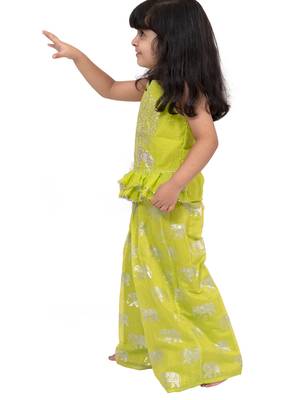 chanderi sleeveless elephant printed top with palazzo - limegreen 4