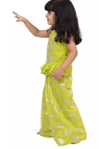 chanderi sleeveless elephant printed top with palazzo - limegreen