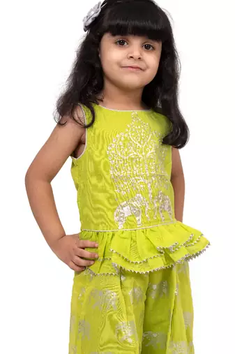 chanderi sleeveless elephant printed top with palazzo - limegreen