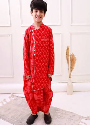 cotton fullsleeves all over printed kurta with dhoti - red  1