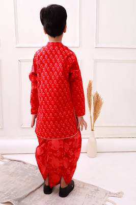 cotton fullsleeves all over printed kurta with dhoti - red  2