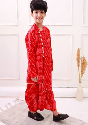 cotton fullsleeves all over printed kurta with dhoti - red  3