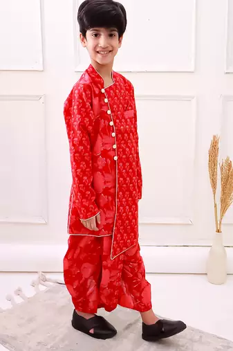 cotton fullsleeves all over printed kurta with dhoti - red 