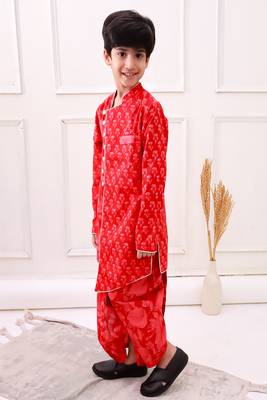 cotton fullsleeves all over printed kurta with dhoti - red  4