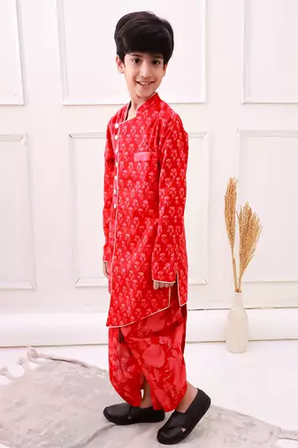 cotton fullsleeves all over printed kurta with dhoti - red 