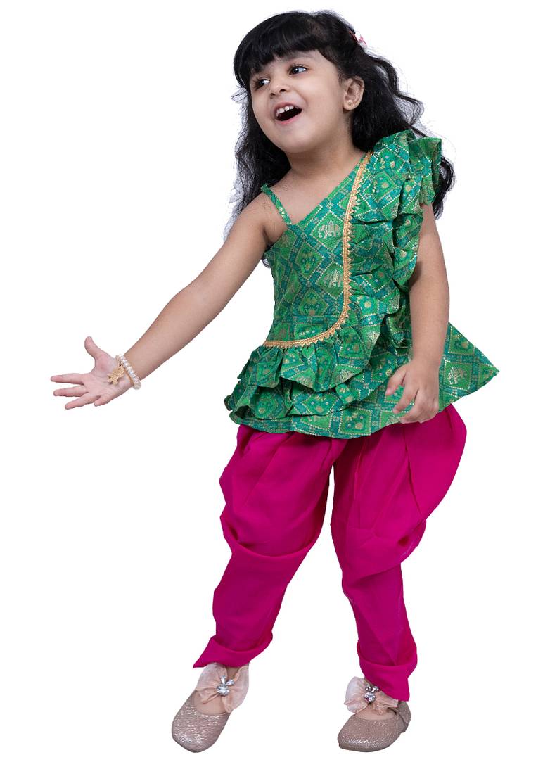 sleeveless embellished top with dhoti -green & pink