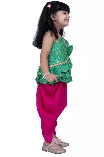 sleeveless embellished top with dhoti -green & pink