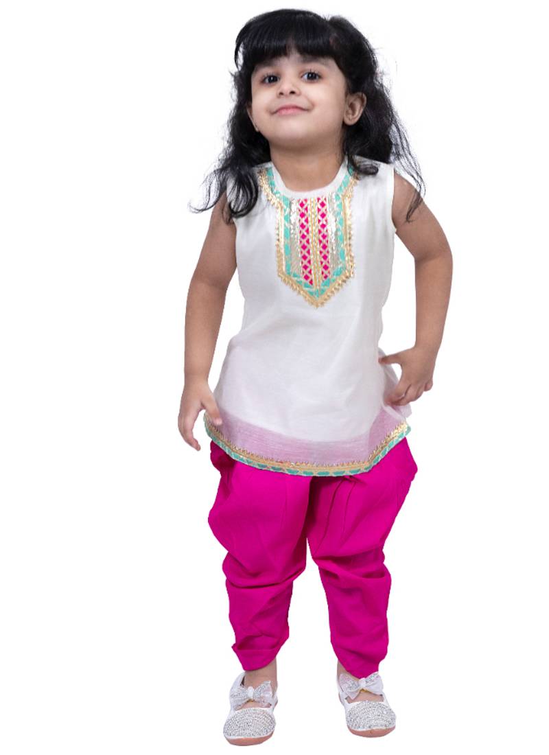 sleeveless embellished top with dhoti -white & pink