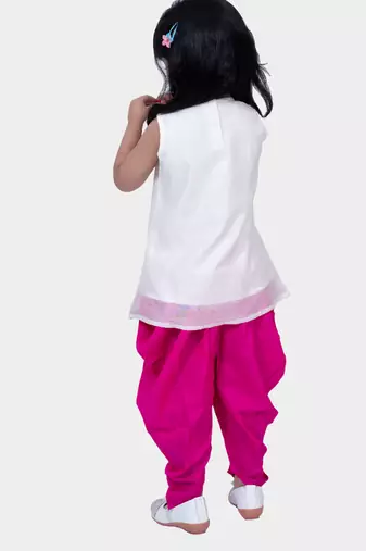 sleeveless embellished top with dhoti -white & pink