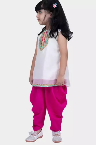 sleeveless embellished top with dhoti -white & pink